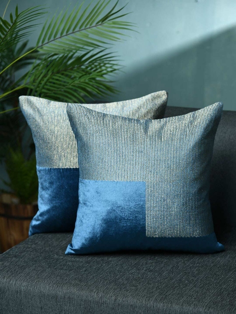 

AMOROSA Blue & Gold-Toned Set of 2 Embroidered Square Cushion Covers