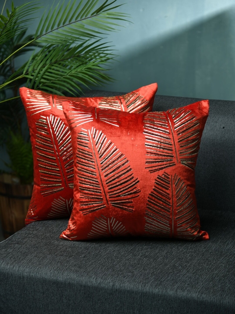 

AMOROSA Set of 2 Red & Gold-Toned Embellished Square Cushion Covers