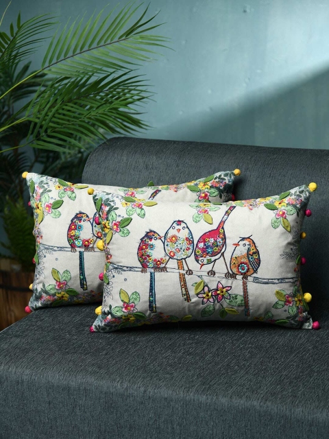 

AMOROSA Off-White & Pink Set of 2 Embroidered Rectangle Cushion Covers