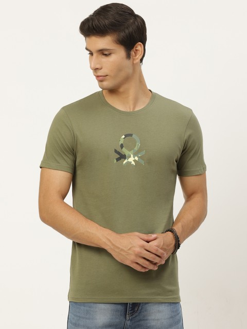 

United Colors of Benetton Men Olive Green Brand Logo Printed Pure Cotton T-shirt
