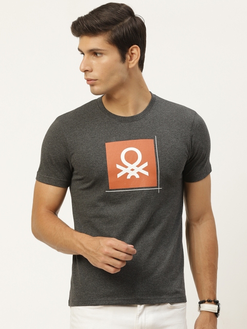 

United Colors of Benetton Men Charcoal Grey & Rust Orange Brand Logo Printed T-shirt