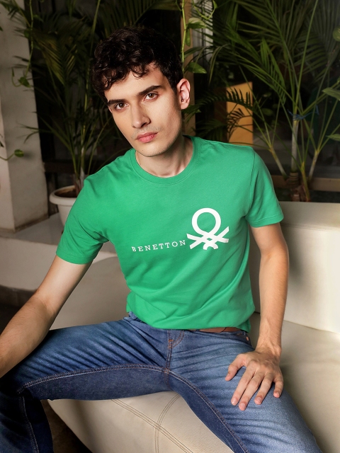 

United Colors of Benetton Men Green & White Brand Logo Printed Pure Cotton T-shirt