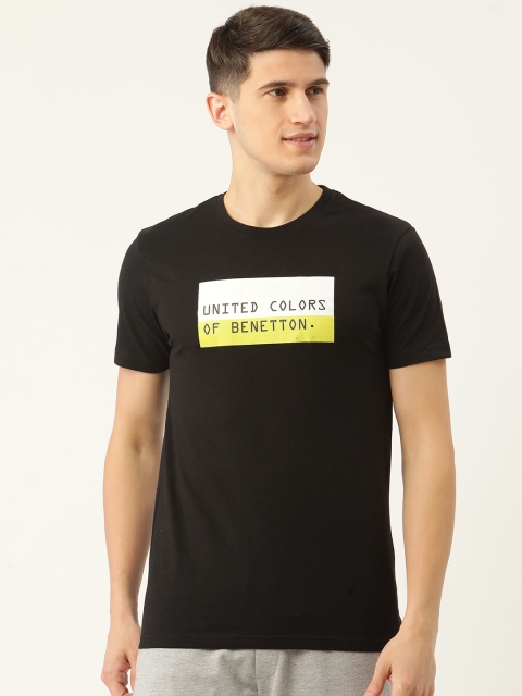

United Colors of Benetton Men Black & White Brand Logo Printed Pure Cotton T-shirt