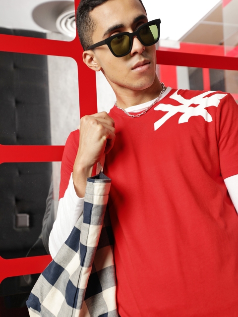 

United Colors of Benetton Men Red White Brand Logo Printed Pure Cotton T-shirt