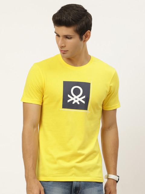 

United Colors of Benetton Men Yellow & Navy Blue Brand Logo Printed T-shirt