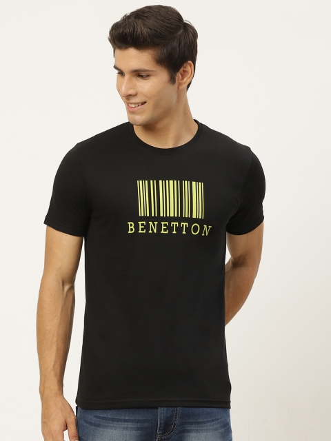 

United Colors of Benetton Men Black & Yellow Brand Logo Printed Pure Cotton T-shirt