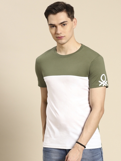 

United Colors of Benetton Men Olive Green & White Cotton Colourblocked T-shirt