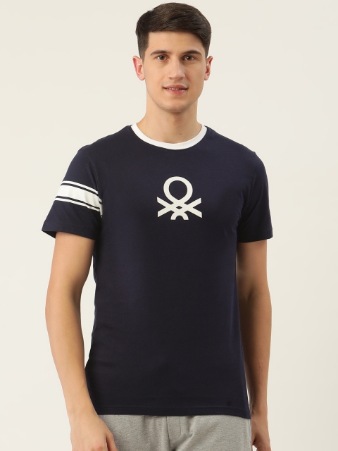 

United Colors of Benetton Men Navy Blue White Pure Cotton Brand Logo Printed Pure Cotton T-shirt