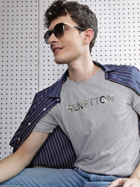 

United Colors of Benetton Men Grey Melange & Olive Green Brand Logo Printed T-shirt