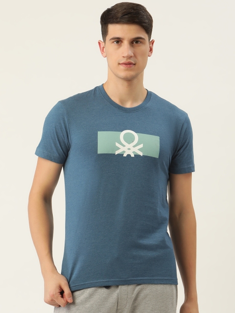 

United Colors of Benetton Men Blue Brand Logo Printed T-shirt