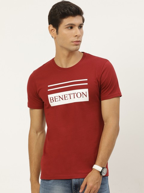 

United Colors of Benetton Men Maroon & White Pure Cotton Brand Logo Printed T-shirt