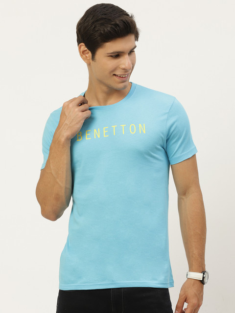 

United Colors of Benetton Men Blue & Yellow Pure Cotton Brand Logo Printed T-shirt