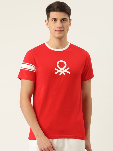 

United Colors of Benetton Men Red White Pure Cotton Brand Logo Printed Pure Cotton T-shirt