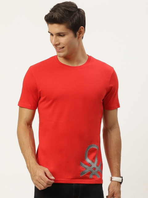 

United Colors of Benetton Men Red & Grey Pure Cotton Brand Logo Printed T-shirt