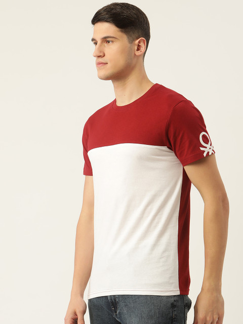 

United Colors of Benetton Men Maroon White Colourblocked Pure Cotton T-shirt
