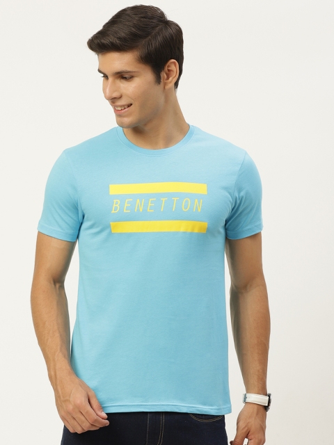 

United Colors of Benetton Men Blue & Yellow Pure Cotton Brand Logo Printed T-shirt