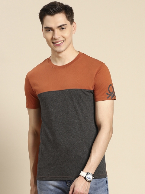 

United Colors of Benetton Men Charcoal Grey & Orange Cotton Colourblocked T-shirt