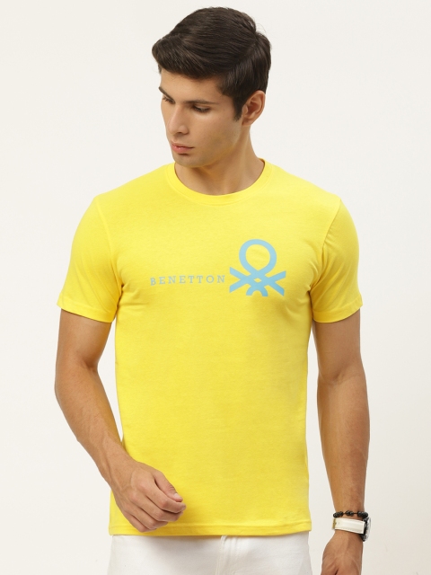 

United Colors of Benetton Men Yellow Blue Brand Logo Printed Pure Cotton T-shirt