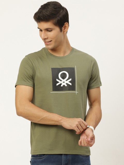 

United Colors of Benetton Men Olive Green Brand Logo Printed Pure Cotton T-shirt