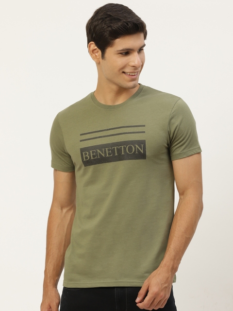 

United Colors of Benetton Men Olive Green Brand Logo Printed Pure Cotton T-shirt