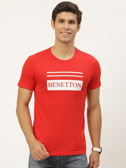 

United Colors of Benetton Men Red White Brand Logo Printed Pure Cotton T-shirt