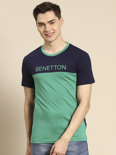 

United Colors of Benetton Men Navy Blue & Green Cotton Brand Logo Colourblocked T-shirt
