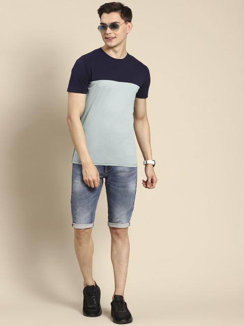 

United Colors of Benetton Men Navy Blue & Sea Green Cotton Colourblocked T-shirt