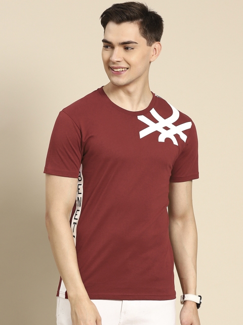 

United Colors of Benetton Men Maroon White Brand Logo Printed Pure Cotton T-shirt