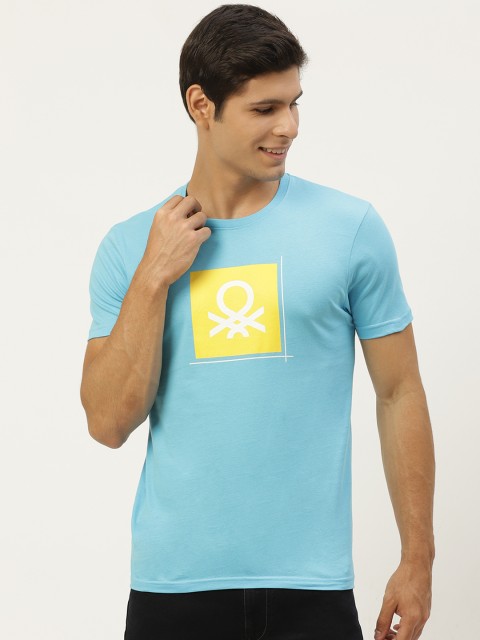 

United Colors of Benetton Men Blue Brand Logo Printed Pure Cotton T-shirt