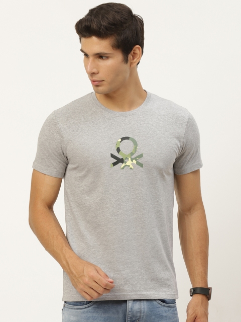 

United Colors of Benetton Men Grey Melange Brand Logo Printed T-shirt