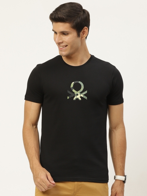 

United Colors of Benetton Men Black Brand Logo Printed Pure Cotton T-shirt
