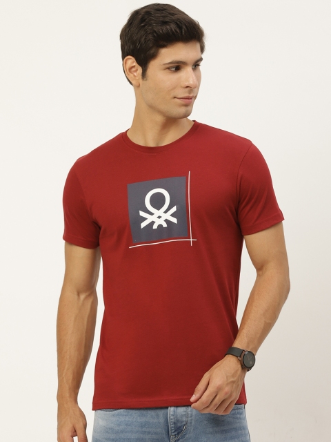 

United Colors of Benetton Men Maroon Brand Logo Printed Pure Cotton T-shirt