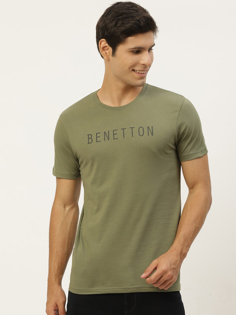 

United Colors of Benetton Men Olive Green Pure Cotton Brand Logo Print Pure Cotton T-shirt