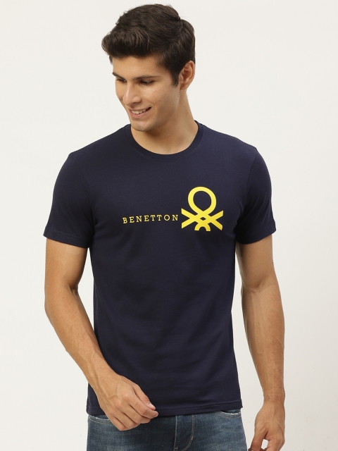 

United Colors of Benetton Men Navy Blue Brand Logo Printed Pure Cotton T-shirt