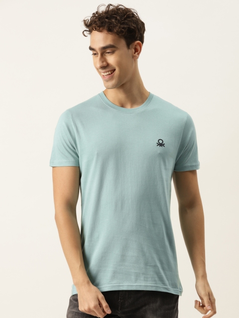 

United Colors of Benetton Men Blue Solid Pure Cotton T-shirt