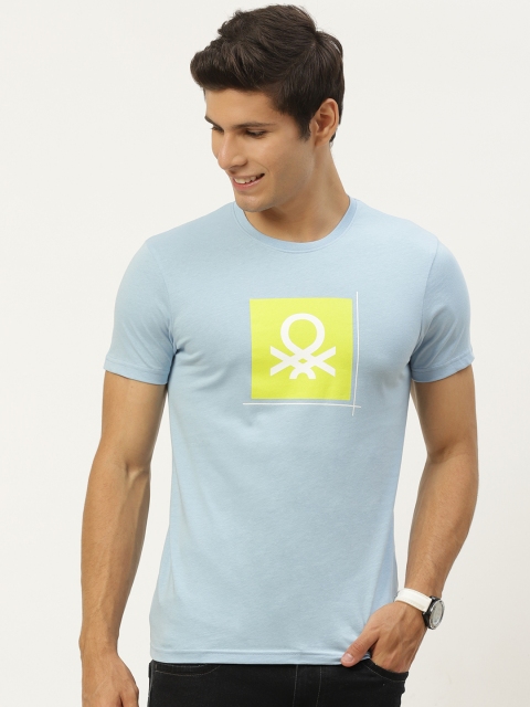 

United Colors of Benetton Men Blue Pure Cotton Brand Logo Print Pure Cotton T-shirt