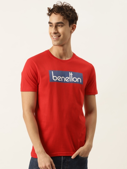 

United Colors of Benetton Men Red & Navy Blue Brand Logo Printed T-shirt