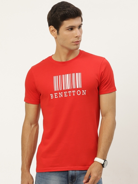 

United Colors of Benetton Men Red White Printed Pure Cotton T-shirt