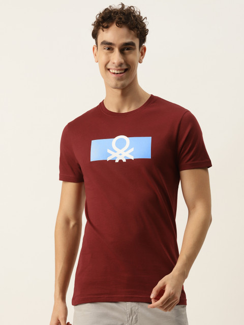 

United Colors of Benetton Men Maroon & Blue Brand Logo Printed T-shirt