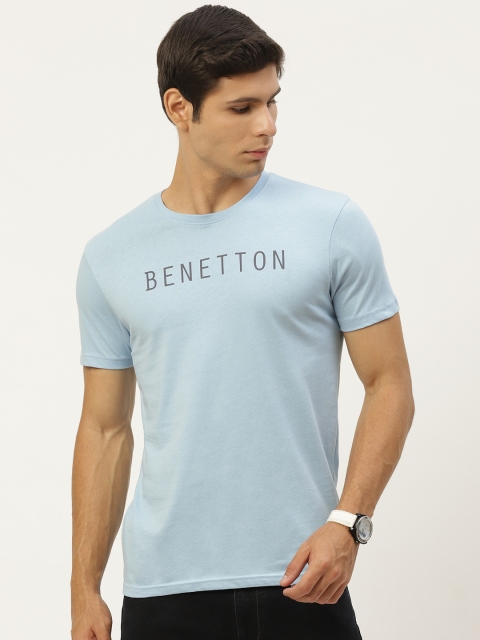 

United Colors of Benetton Men Blue & Black Pure Cotton Brand Logo Printed T-shirt