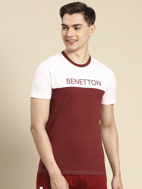 

United Colors of Benetton Men Maroon & White Cotton Brand Logo Colourblocked T-shirt
