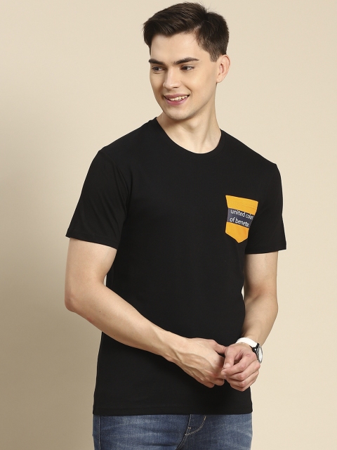 

United Colors of Benetton Men Black Yellow Typography Printed Pure Cotton T-shirt