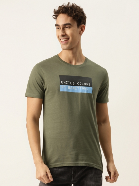 

United Colors of Benetton Men Olive Green & Blue Brand Logo Printed T-shirt