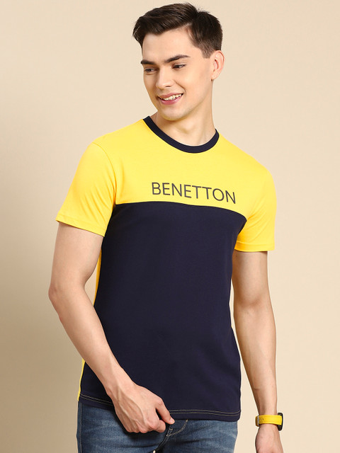 

United Colors of Benetton Men Navy Blue & Yellow Cotton Brand Logo Colourblocked T-shirt