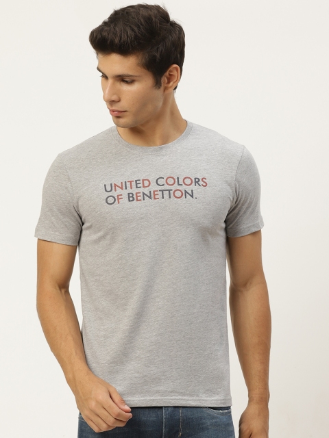 

United Colors of Benetton Men Grey Melange Brand Logo Printed T-shirt