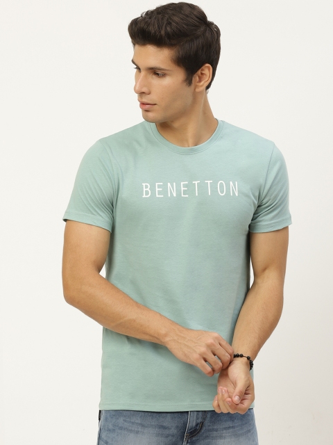 

United Colors of Benetton Men Blue Solid Pure Cotton Brand Logo T-shirt