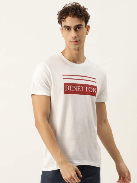 

United Colors of Benetton Men White & Maroon Brand Logo Printed T-shirt