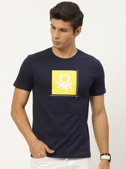

United Colors of Benetton Men Navy Blue & Yellow Pure Cotton Brand Logo Printed T-shirt