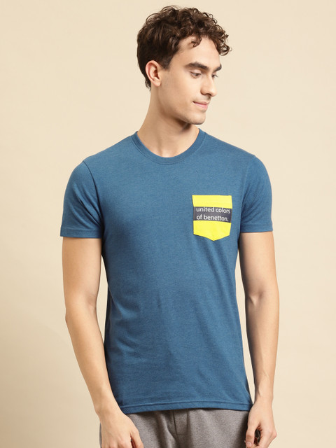

United Colors of Benetton Men Blue Solid Pure Cotton T-shirt
