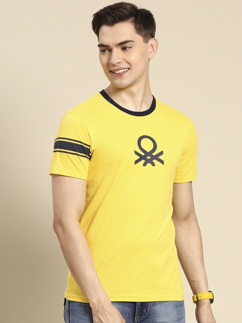 

United Colors of Benetton Men Yellow Cotton Brand Logo Printed T-shirt
